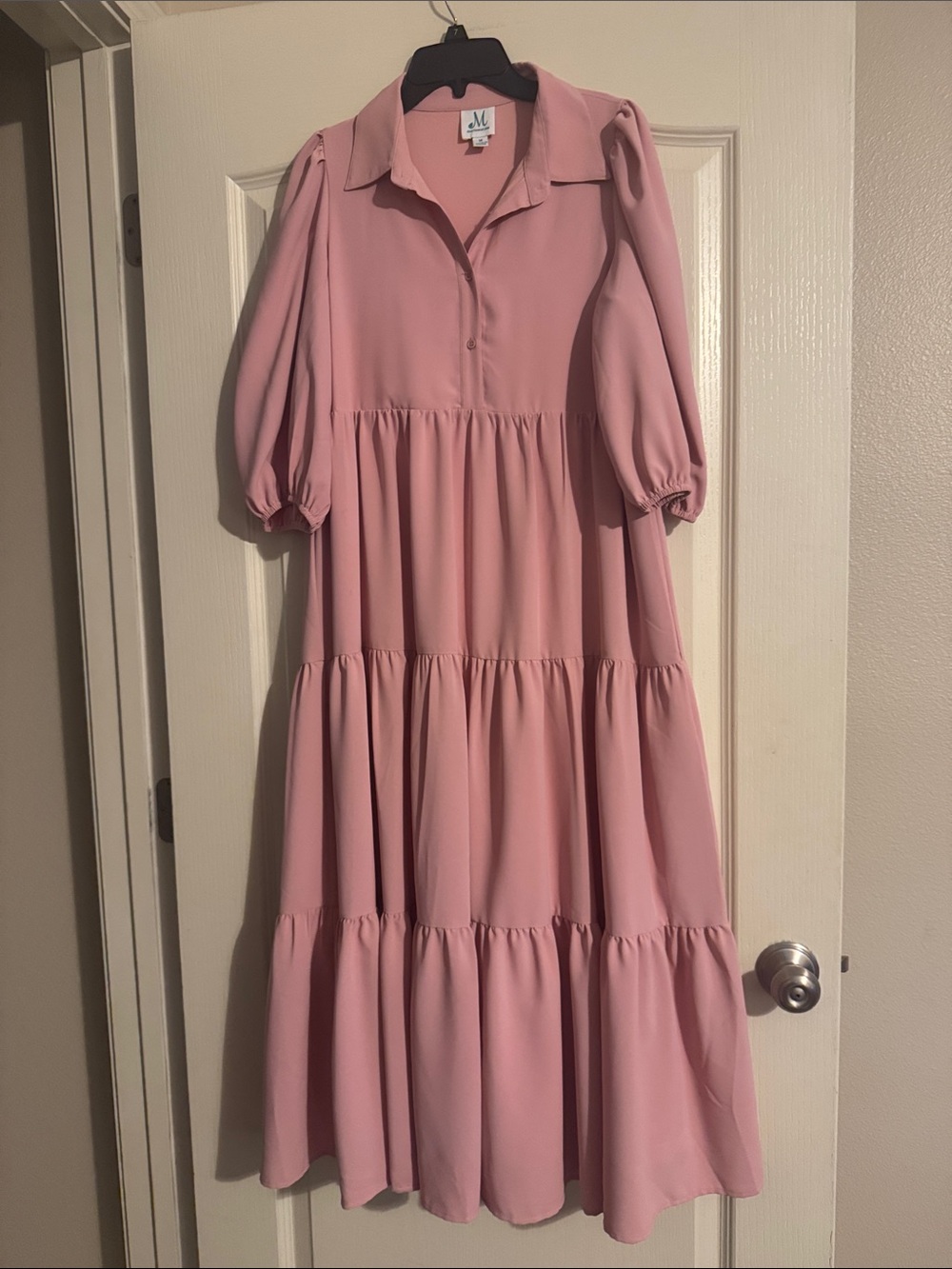 Dusty Pink Tiered Midi Dress with Collared Neck